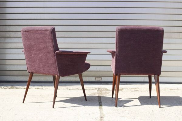 Paire de fauteuils vintage pied compas velours violet 1950s