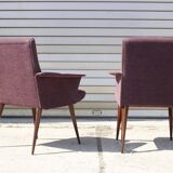 Pair of vintage purple velvet compass foot armchairs 1950s