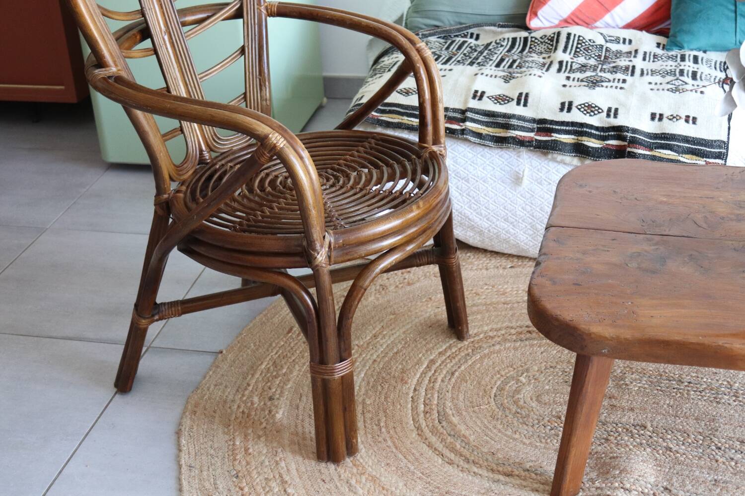 Fauteuil feuille bambou et rotin 1970 vintage
