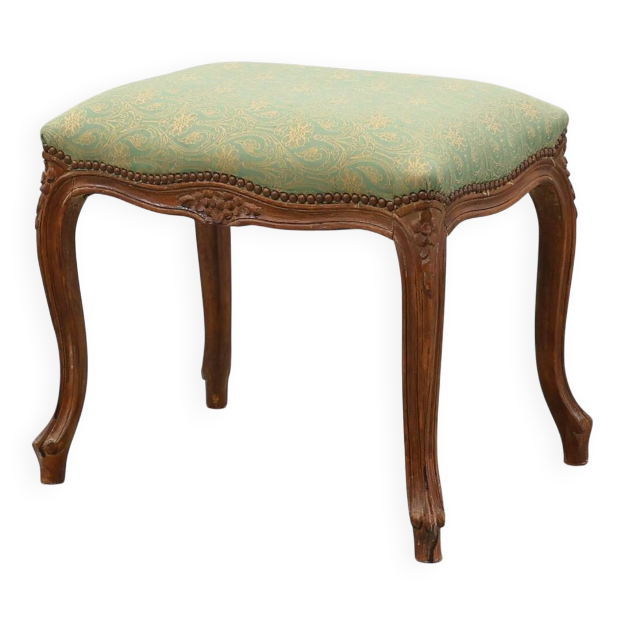 Louis XV stool with carved floral apron and original damask upholstery