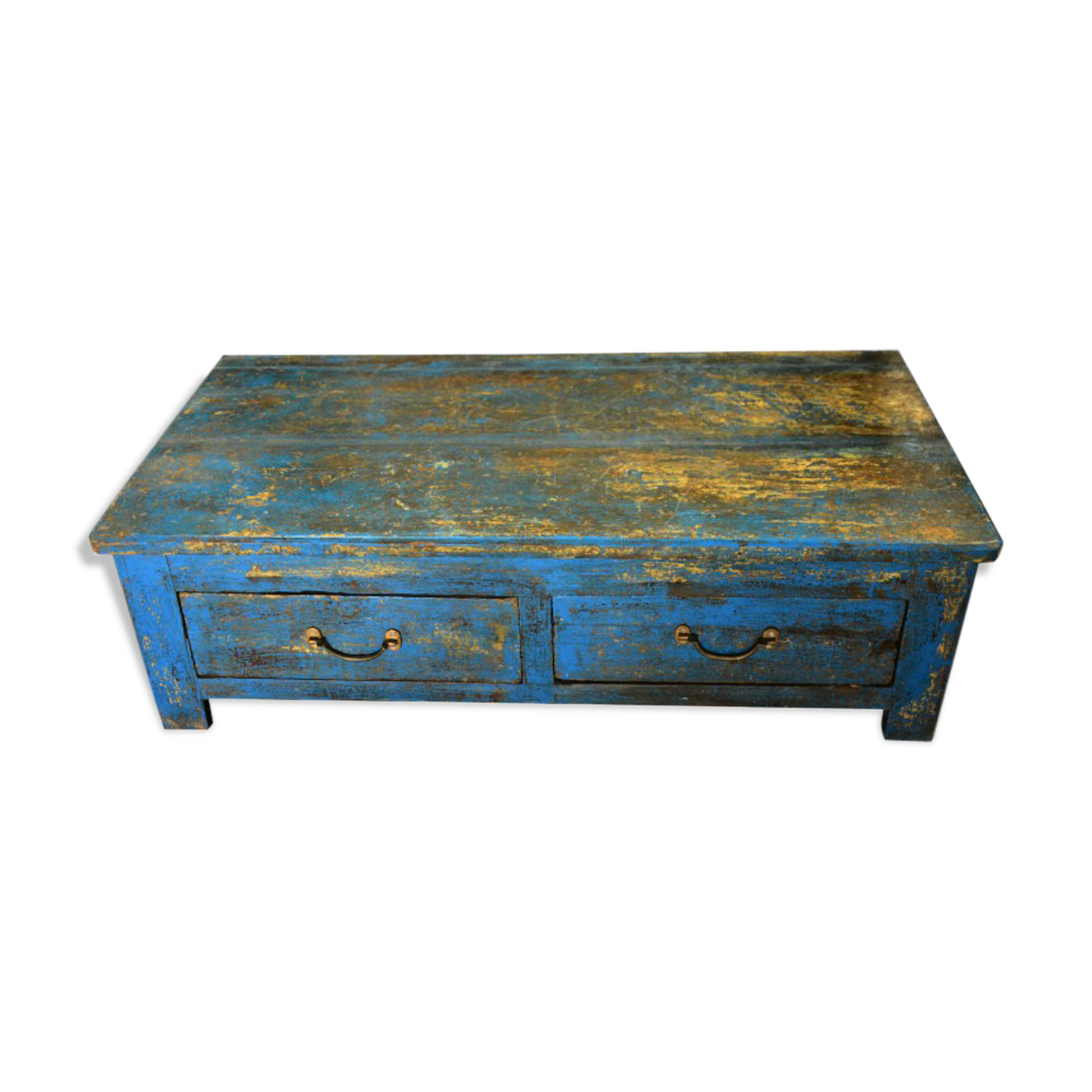 Table basse bleue 2 tiroirs massive ancien bois teck