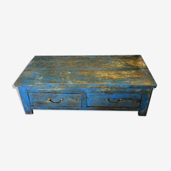 Table basse bleue 2 tiroirs massive ancien bois teck