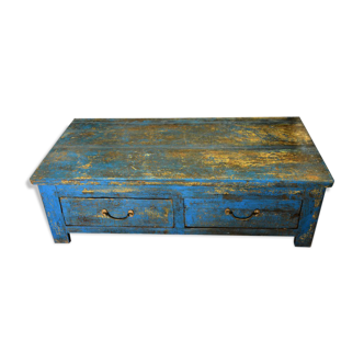 Table low blue 2 drawers massive old wood teak
