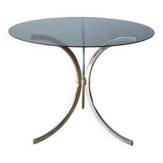 Table de salon ronde en verre fumé / bleuté et chrome piètement étoile, 1970