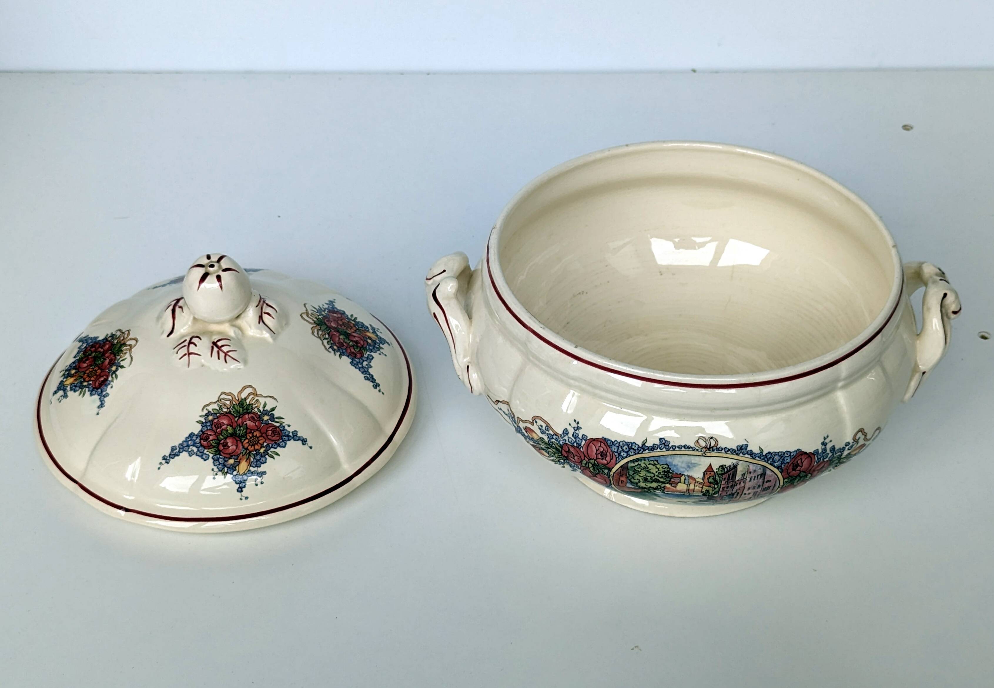 Earthenware tureen from sarreguemines obernai model illustrated by henri loux