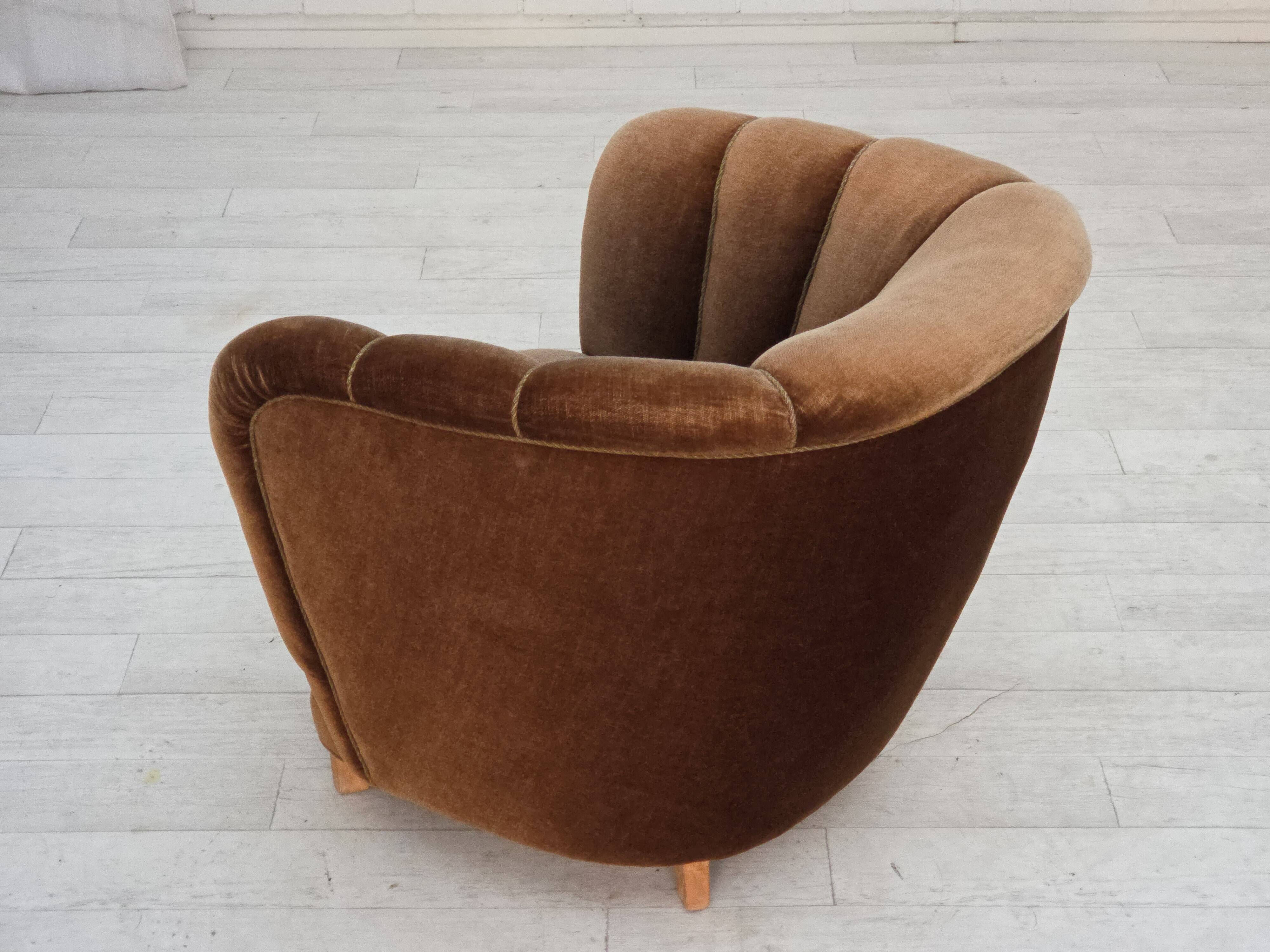 1960s, Danish curved chair, brown furniture velour.