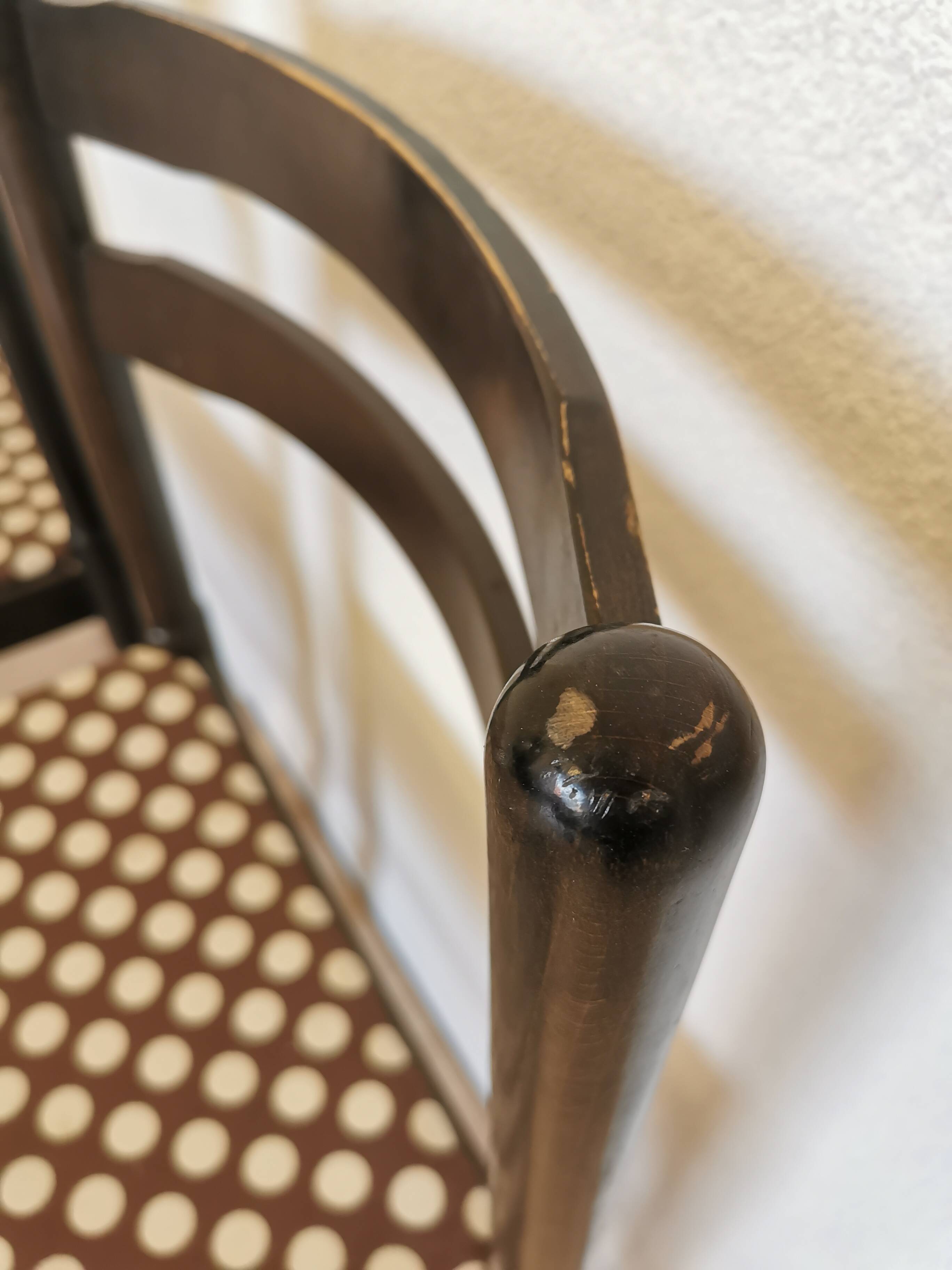 Set of 2 Vintage Wooden Dining Chairs: Brown & White Polka Dot Fabric 80s