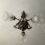 Ancien lustre cage en bronze et 4 feux tulipe