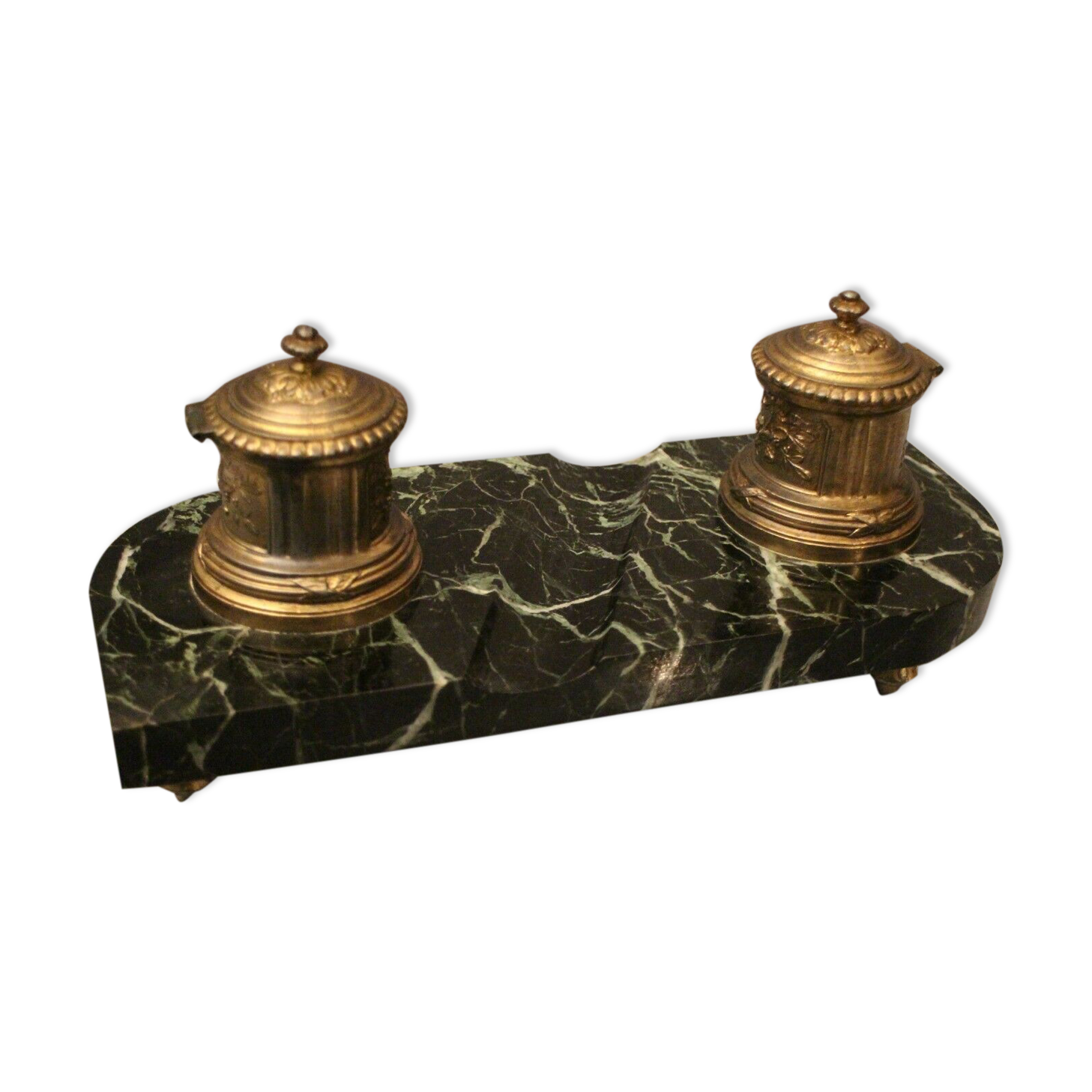 Double-reserve office inkwell on Louis XVI Sea Green Marble Terrace