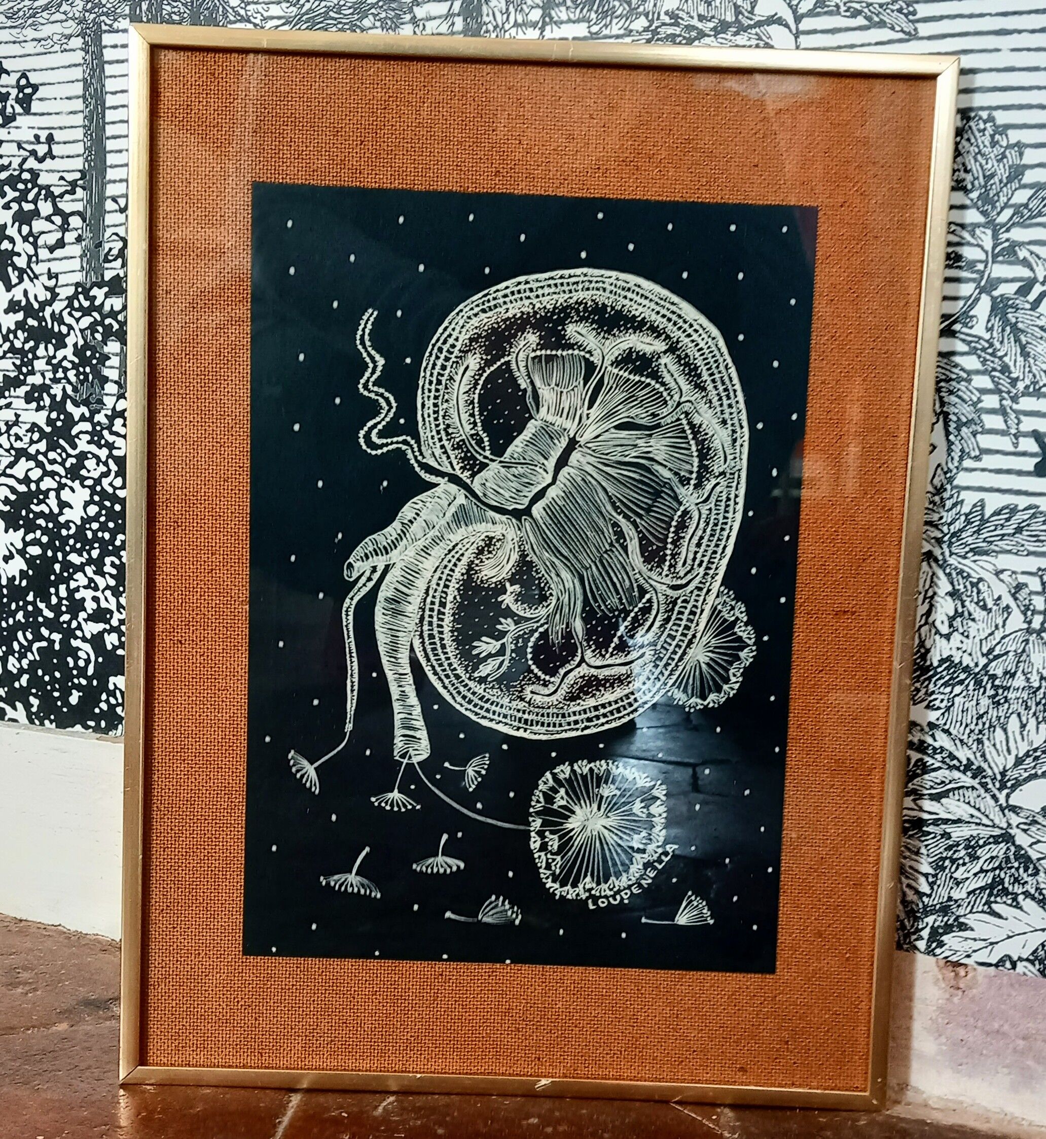 Litography made with posca on black paper The kidney