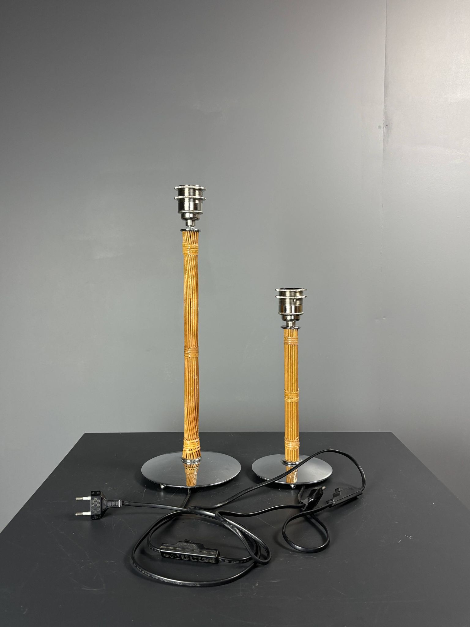 Set of 2 pencil reed rattan bamboo and chrome table lamps, 1980s