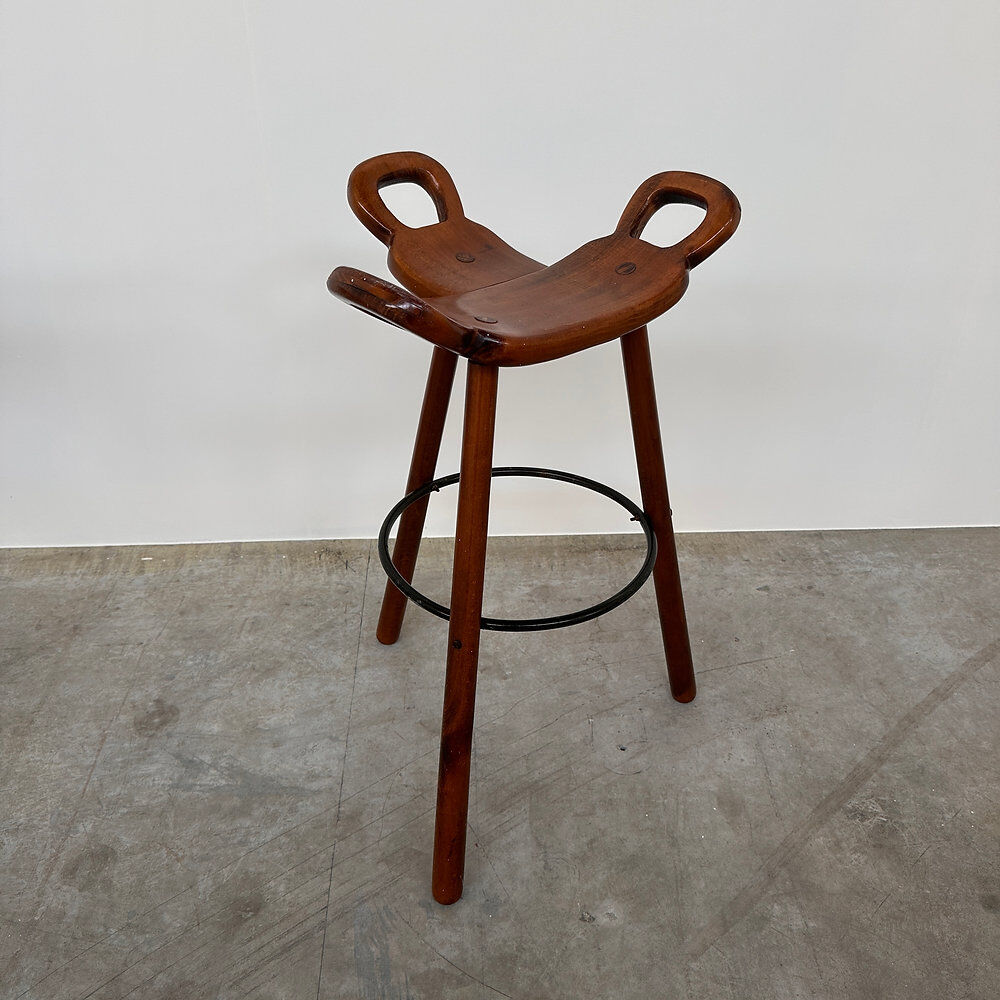Vintage Sergio Rodrigues style bar stool, solid wood saddle stool, Brazilian modern