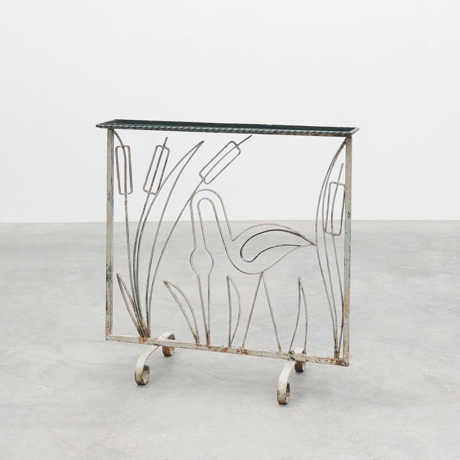 Art Deco Wrought Iron Plant Stand with Heron and Bulrushes, France, Circa 1