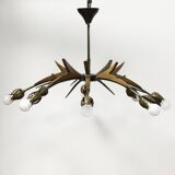 Sputnik chandelier 8 lights copper, teak & brass, Italy 1960s