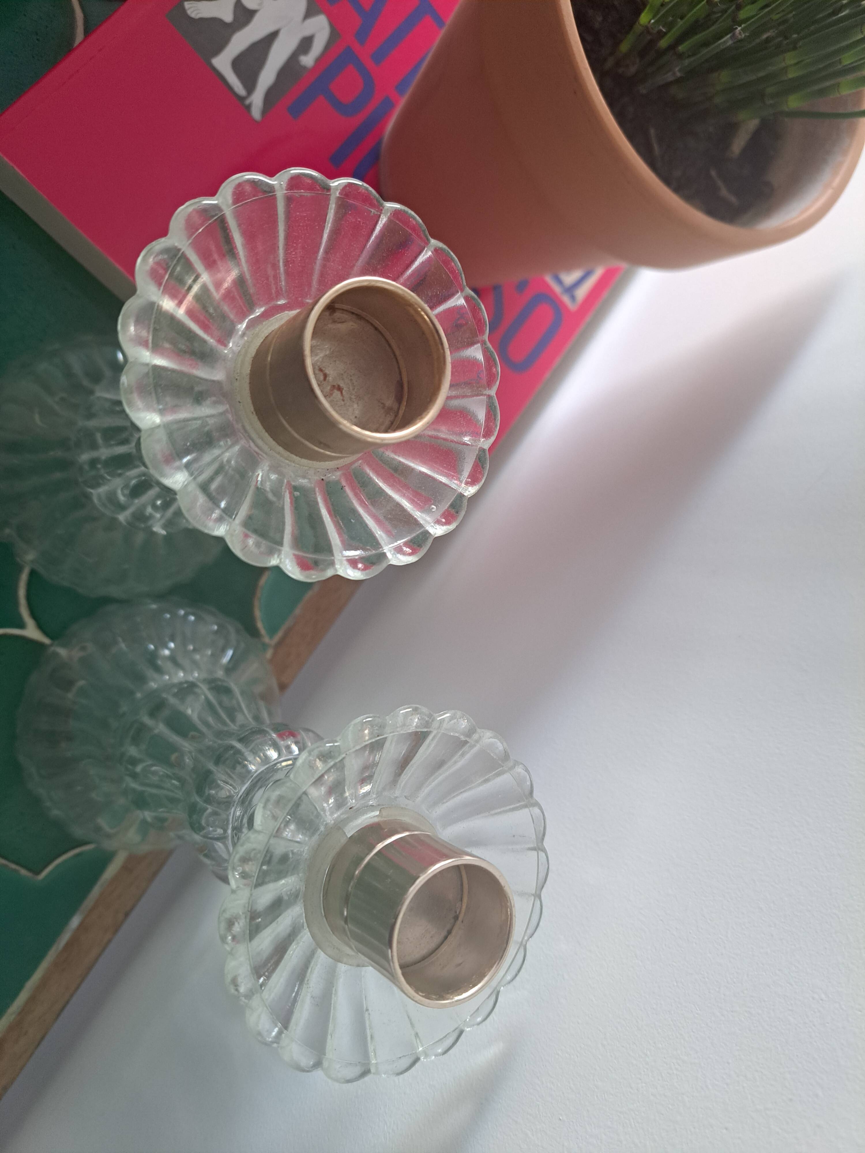 Pair of Roger Gallet glass candle holders