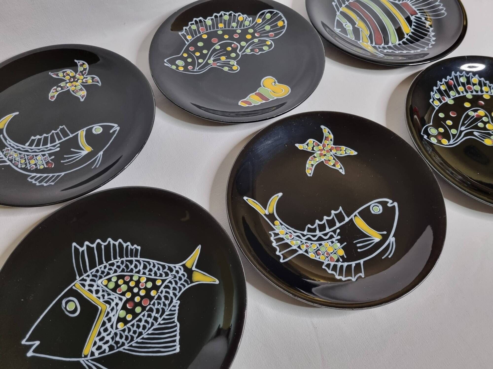 Set of 6 vintage plates with fish decoration after Robert Picault, 1960, 24 cm