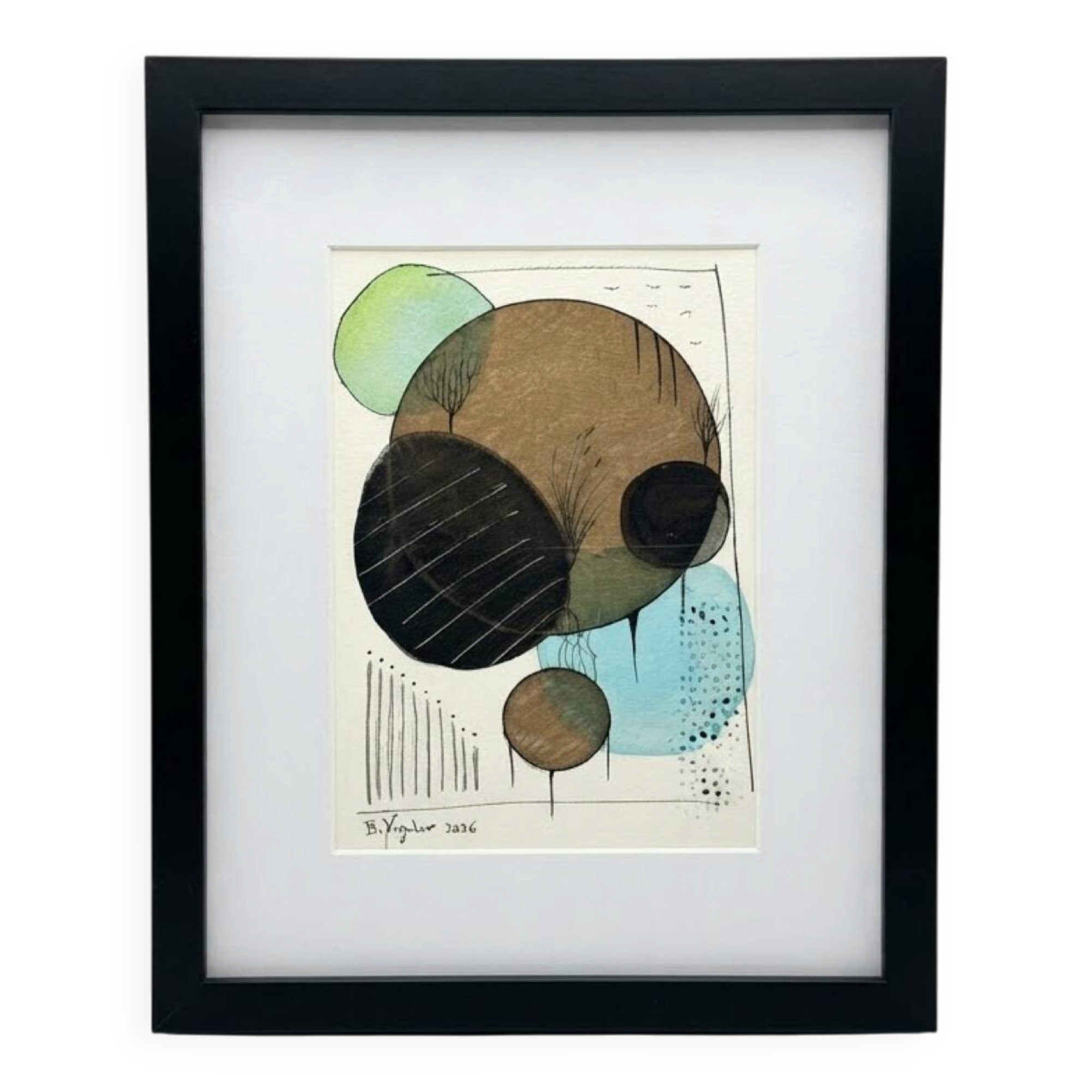 Dessin abstrait original encadré, technique mixte - Bertrand Mugabure