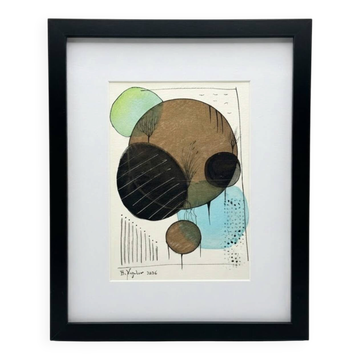 Original framed abstract drawing, mixed media - Bertrand Mugabure