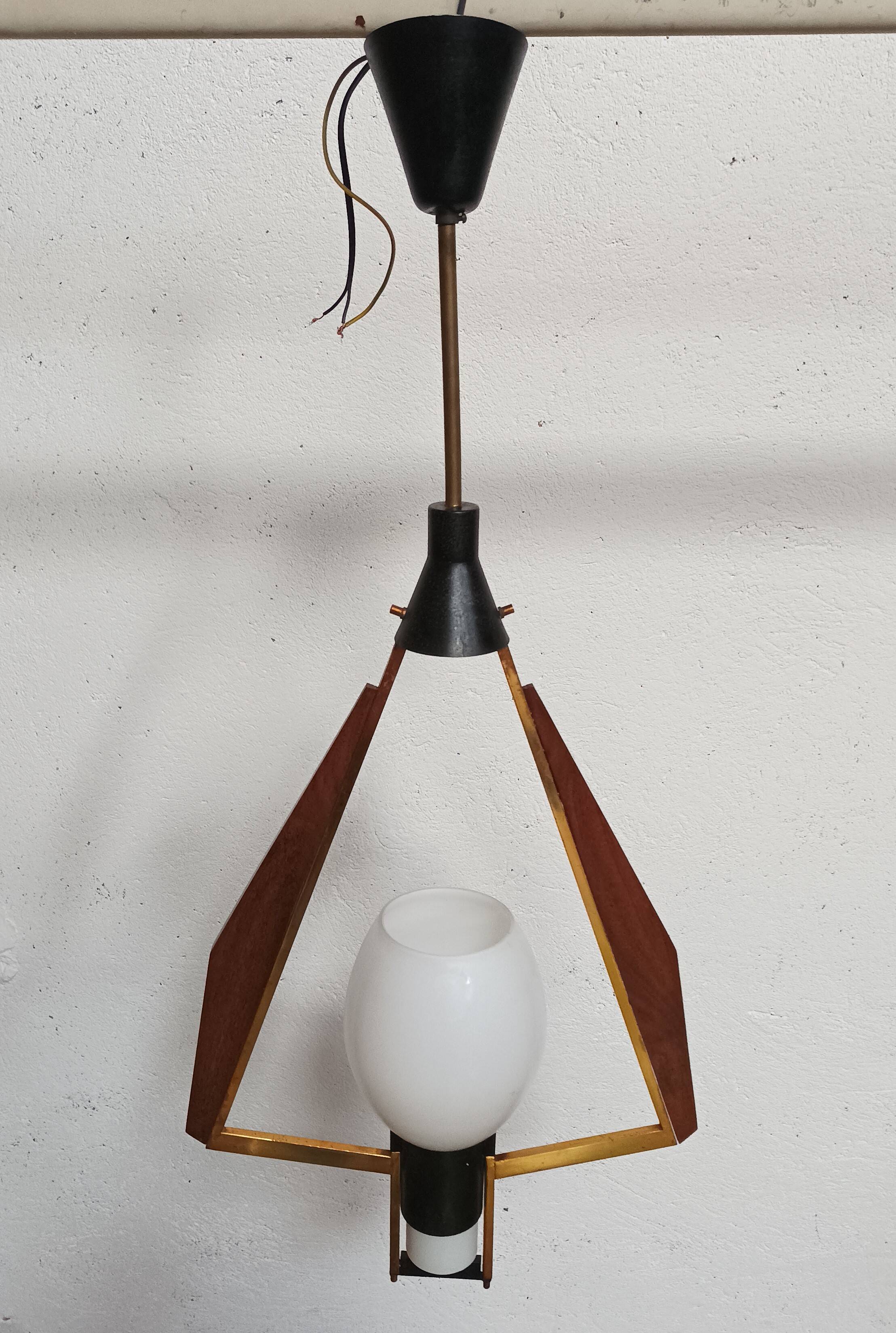 Teak, brass and opaline pendant light, Italy 1960