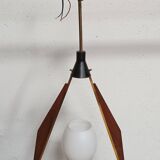Teak, brass and opaline pendant light, Italy 1960