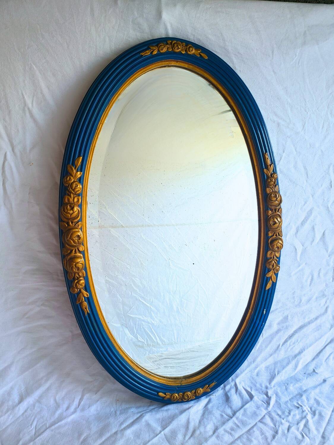 Antique oval mirror, royal blue and gold – rose design – 80 x 52 cm
