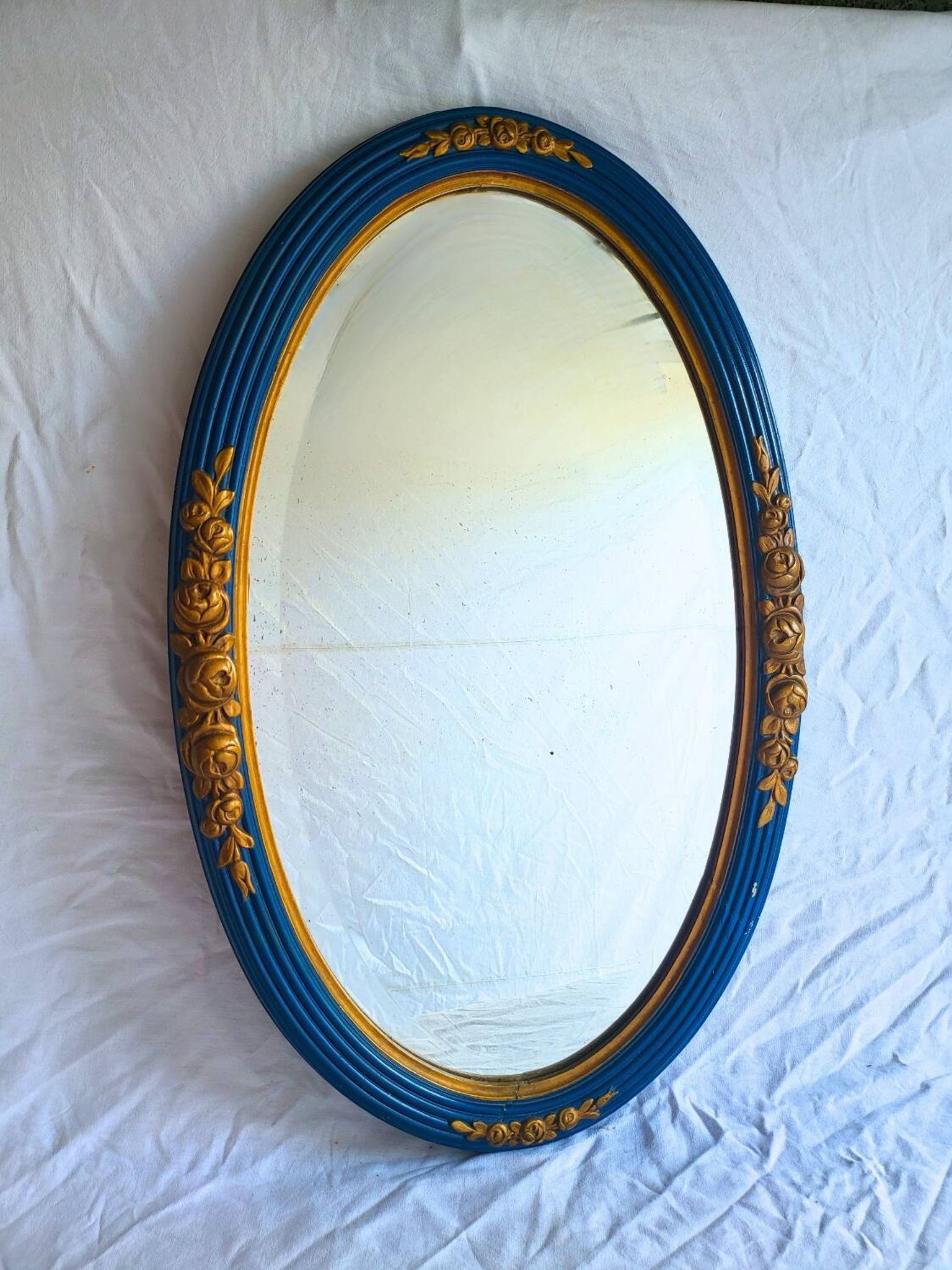 Antique oval mirror, royal blue and gold – rose design – 80 x 52 cm