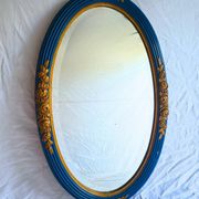 Antique oval mirror, royal blue and gold – rose design – 80 x 52 cm