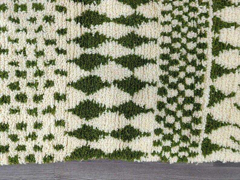 Handmade pure wool rug, green and white, size 140 x 260 cm