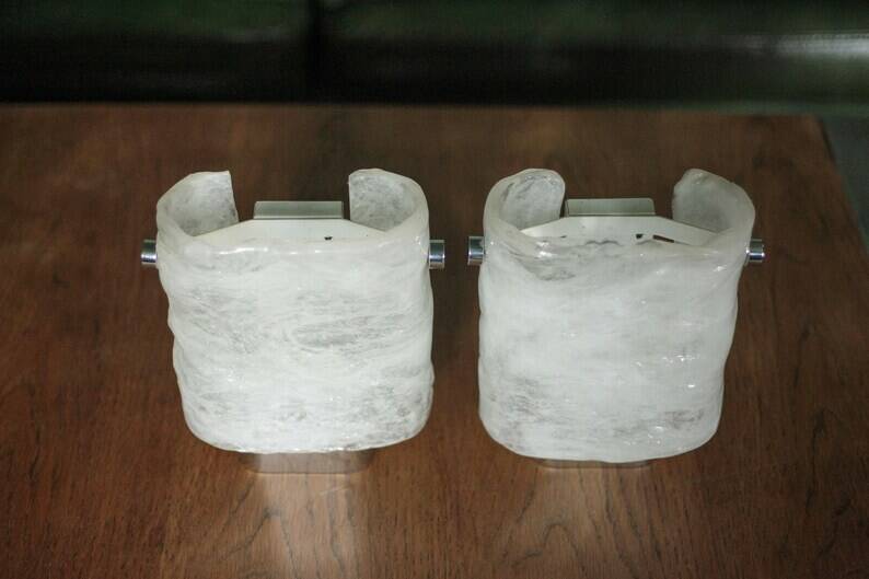 Pair of chrome wall sconces with Murano glass, wall light, art of glass, interior decoration.