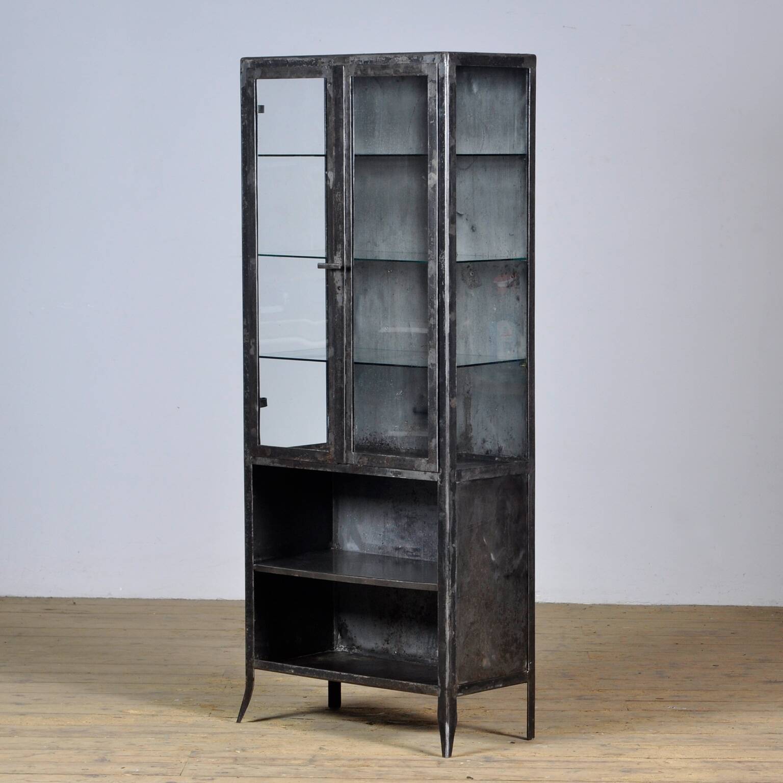 Vintage Glass & Iron Medical Cabinet, 1950s