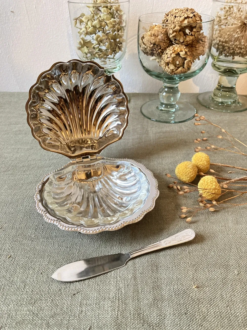 Metal shell butter dish with glass bowl and knife