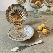 Metal shell butter dish with glass bowl and knife