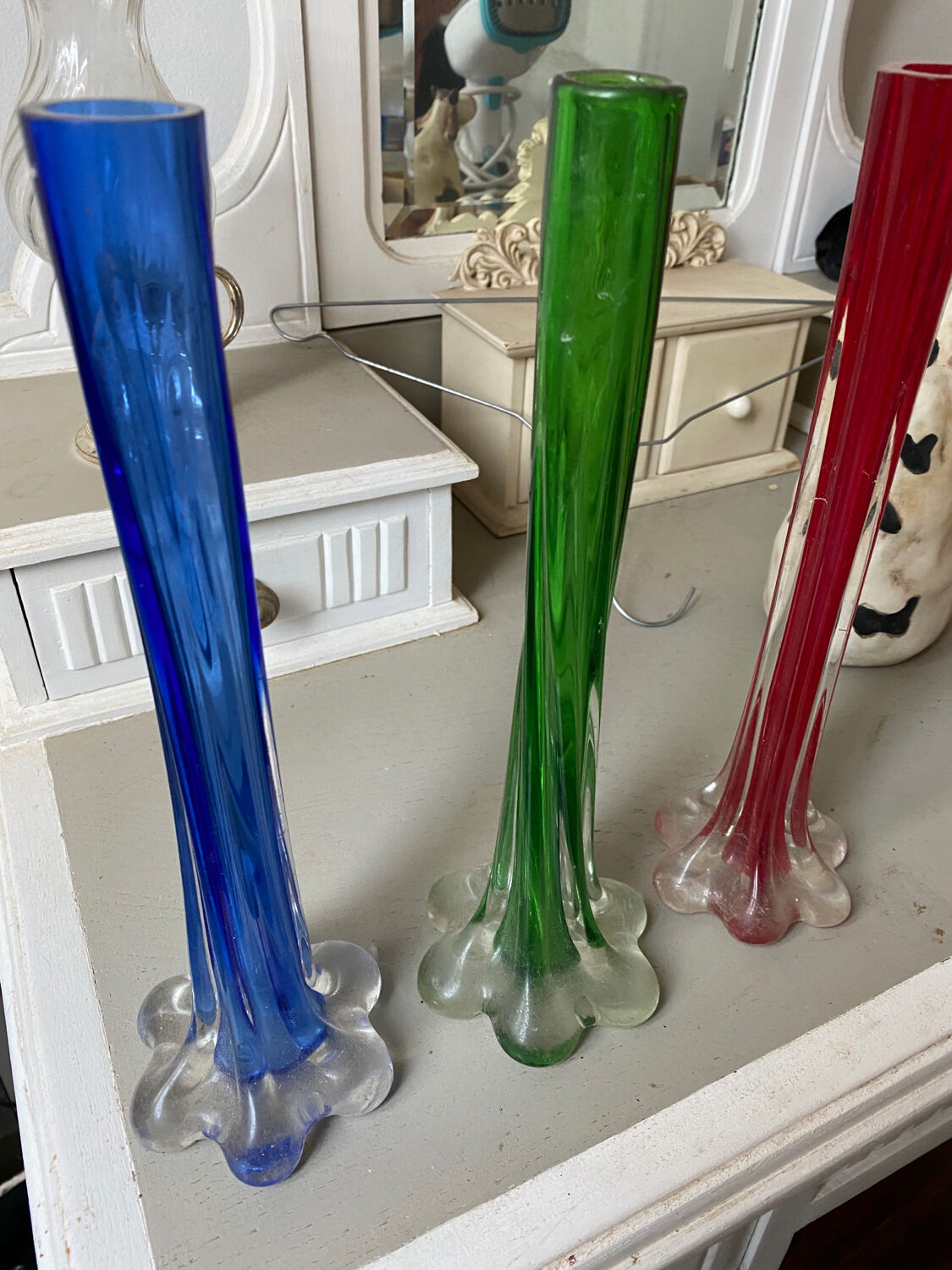 Trio of green blue red soliflores