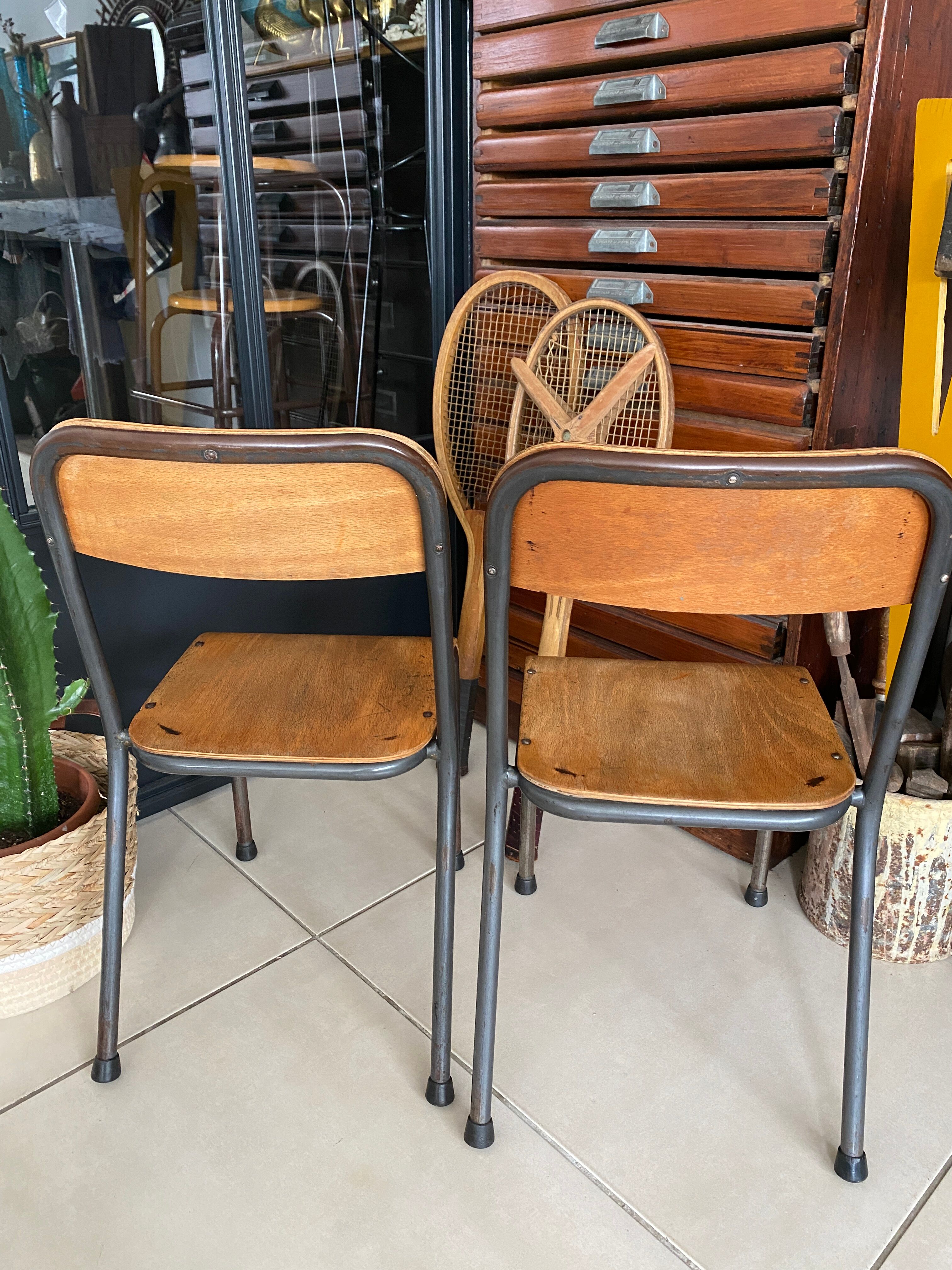 Pair of wooden and metal children's chairs