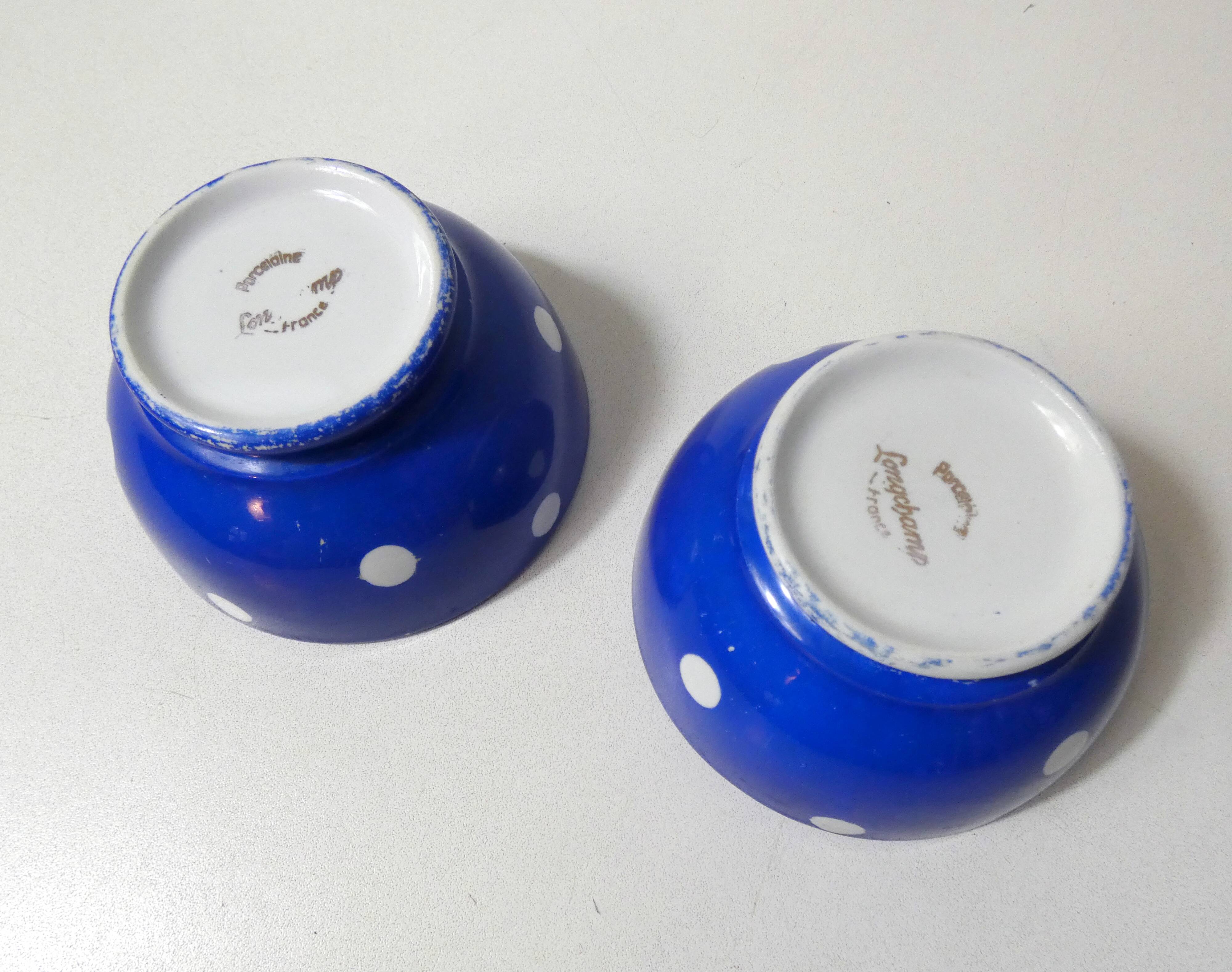 2 small old blue polka dot porcelain bowls from Longchamp