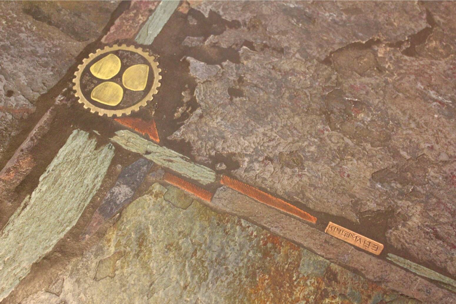 Brutalist Paul Kingma One-Off Slate, Ceramic and Brass Artwork Coffee Table, Signed