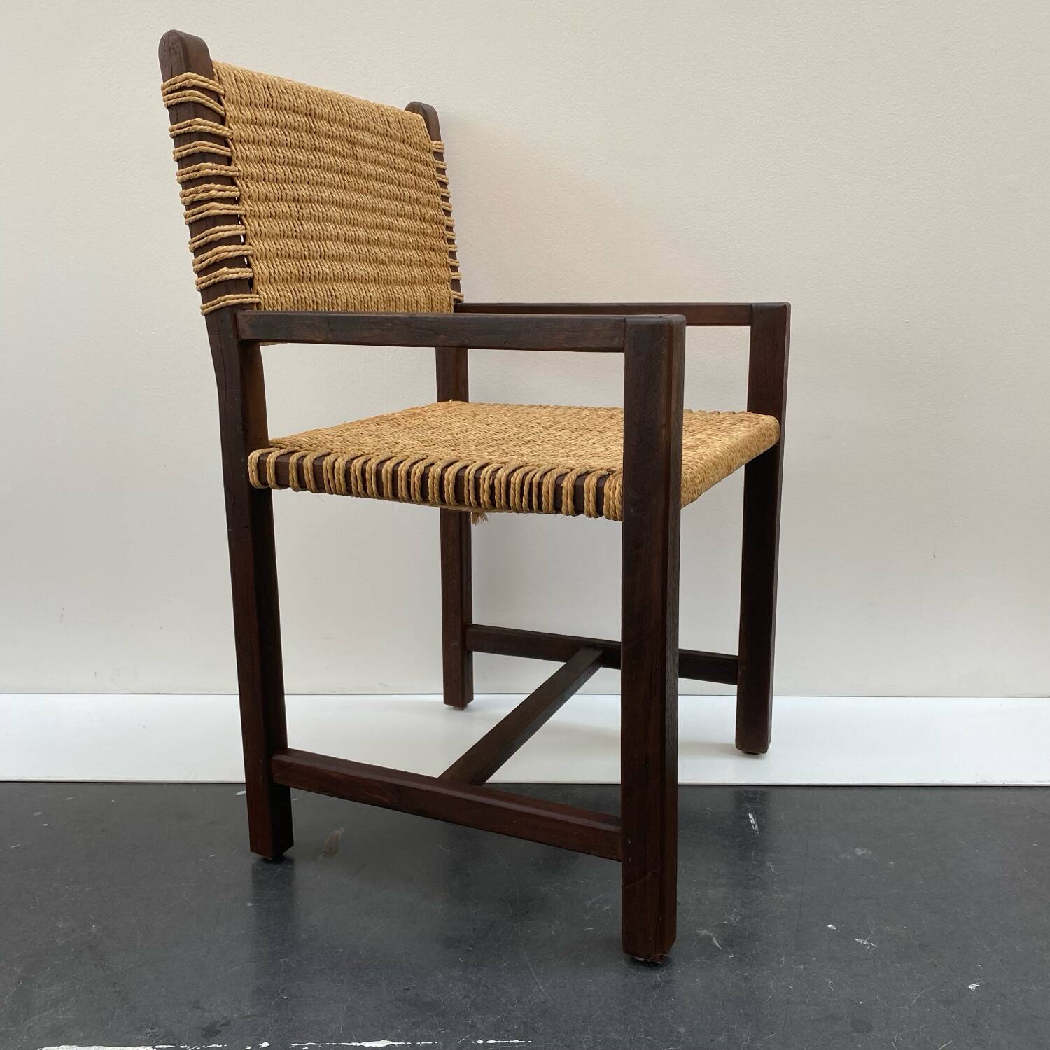 Brutalist armchair in wood and rope