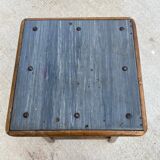 High workshop stool in dark wood and grey blue linoleum 60cm