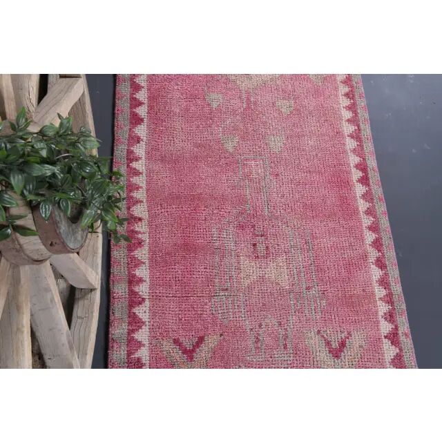 Vintage Turkish Oushak Handmade Wool Cotton Pink Runner Rug 90x312