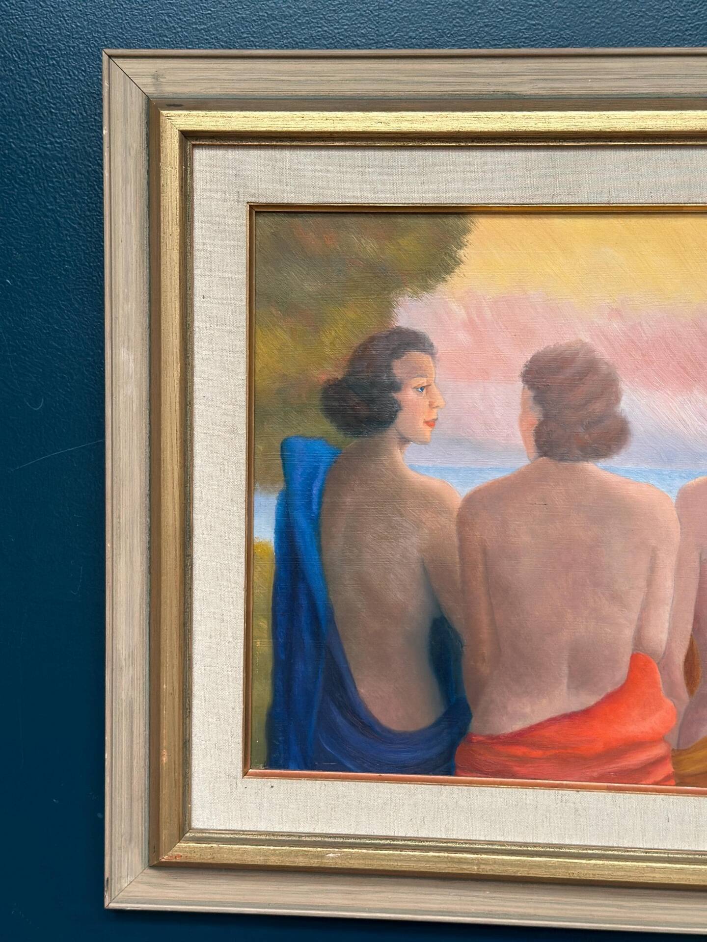 20th Century Oil on Panel – “Three Women” by N. Leon (1947) – Vintage