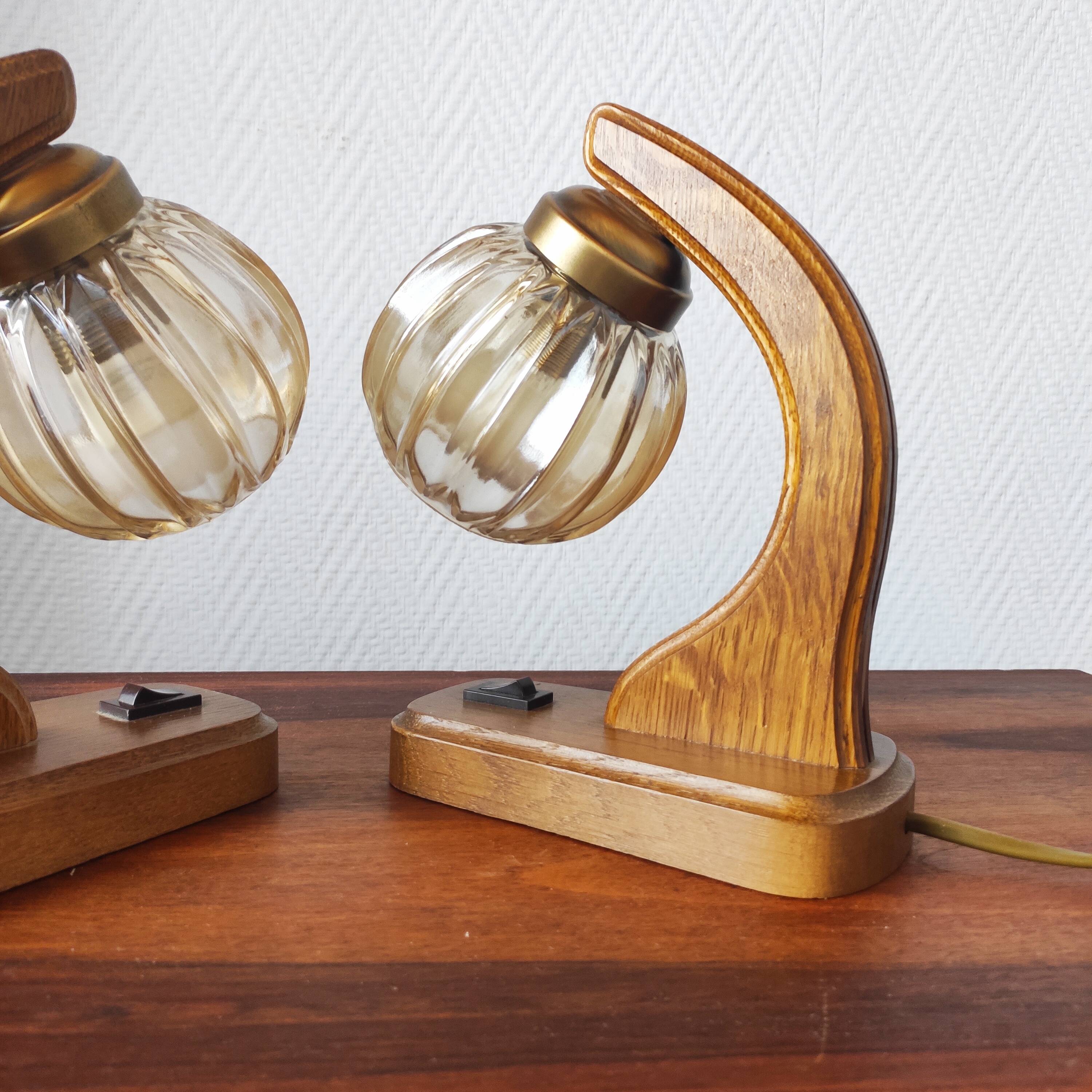 Pair of vintage 1970s mid-century Scandinavian lamps with amber globe.