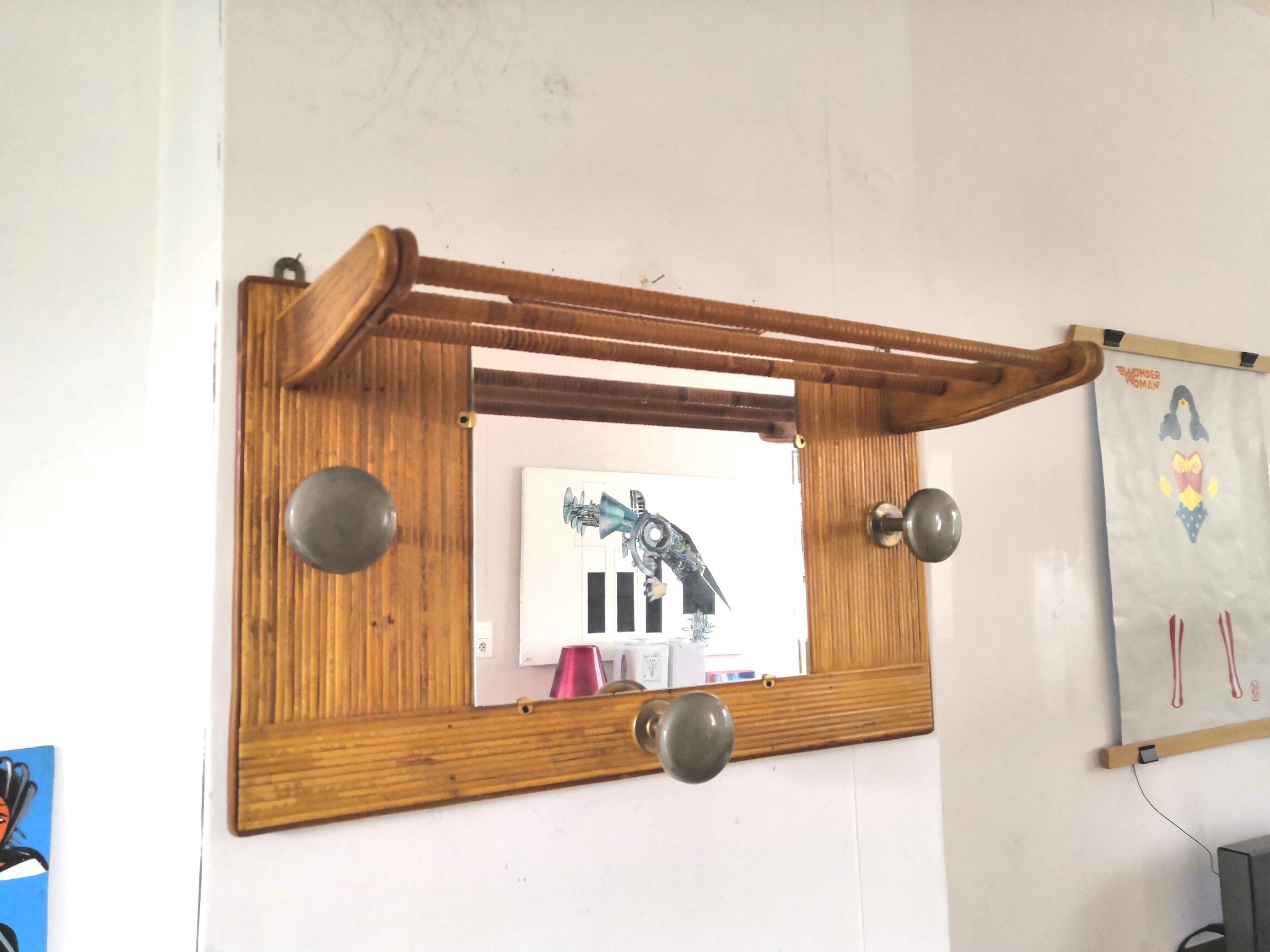 Wardrobe wall coat holder in rattan and steel design 50s - 60s