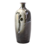 Signed black bottle vase in ceramic, abstract decor