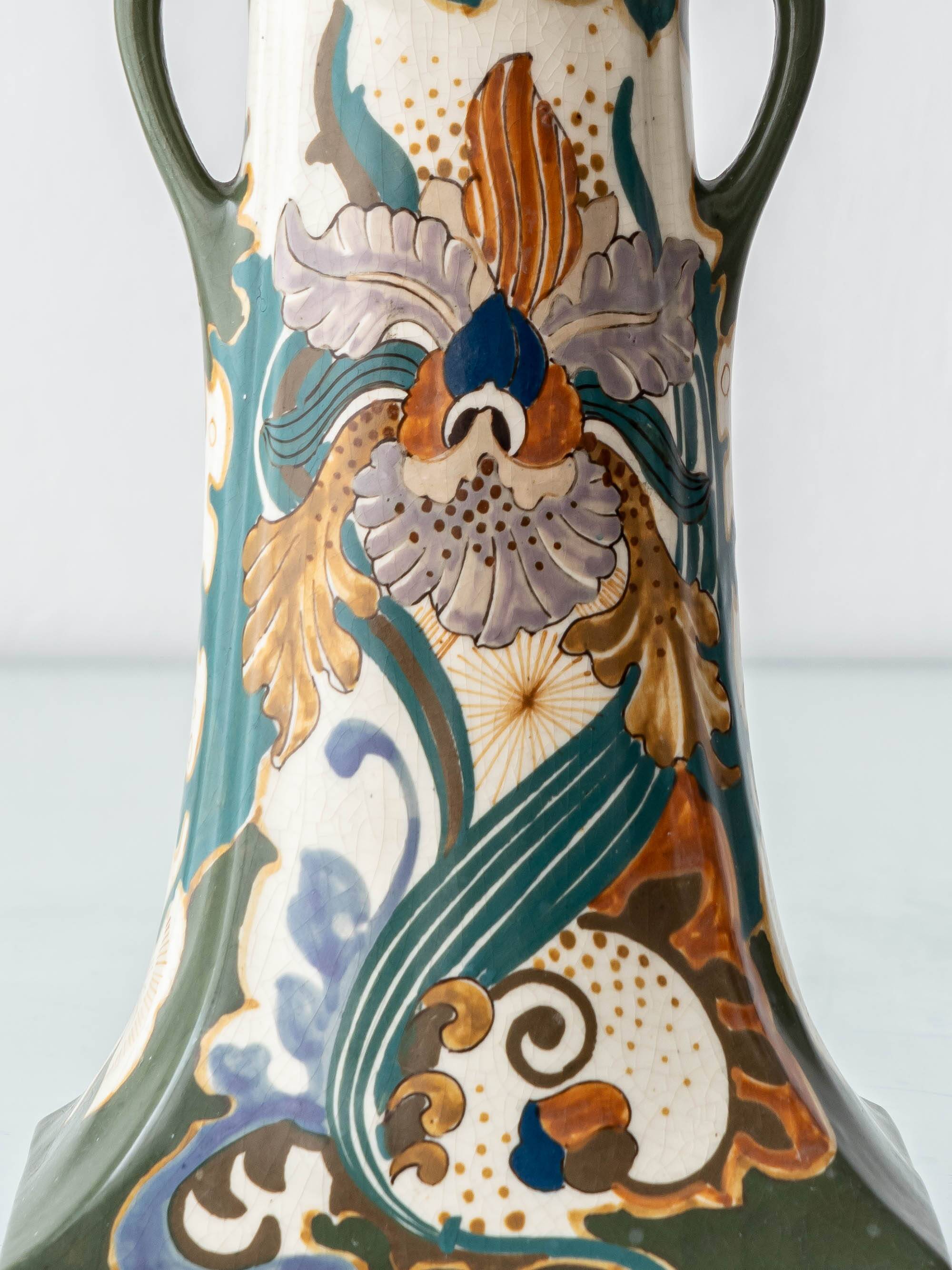 Pair of Dutch Art Nouveau Ceramic Table Lamps, circa 1915, with New Ochre Linen Shades