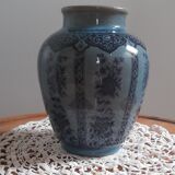 Decorative vase in blue glazed ceramic with floral decoration and arabesques, circa 1930