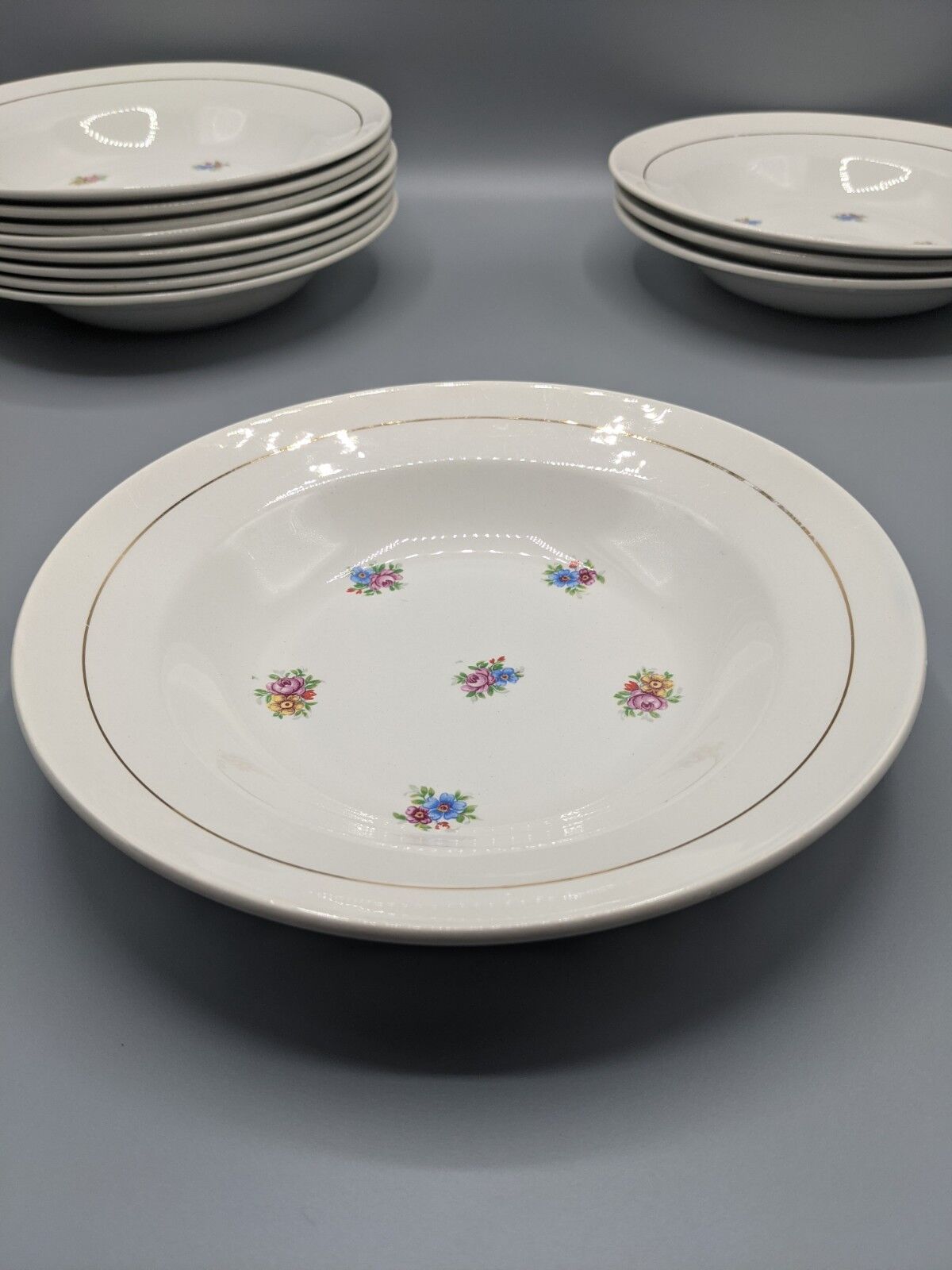 12 hollow porcelain plates, floral decoration and golden ledé - ∅: 23cm
