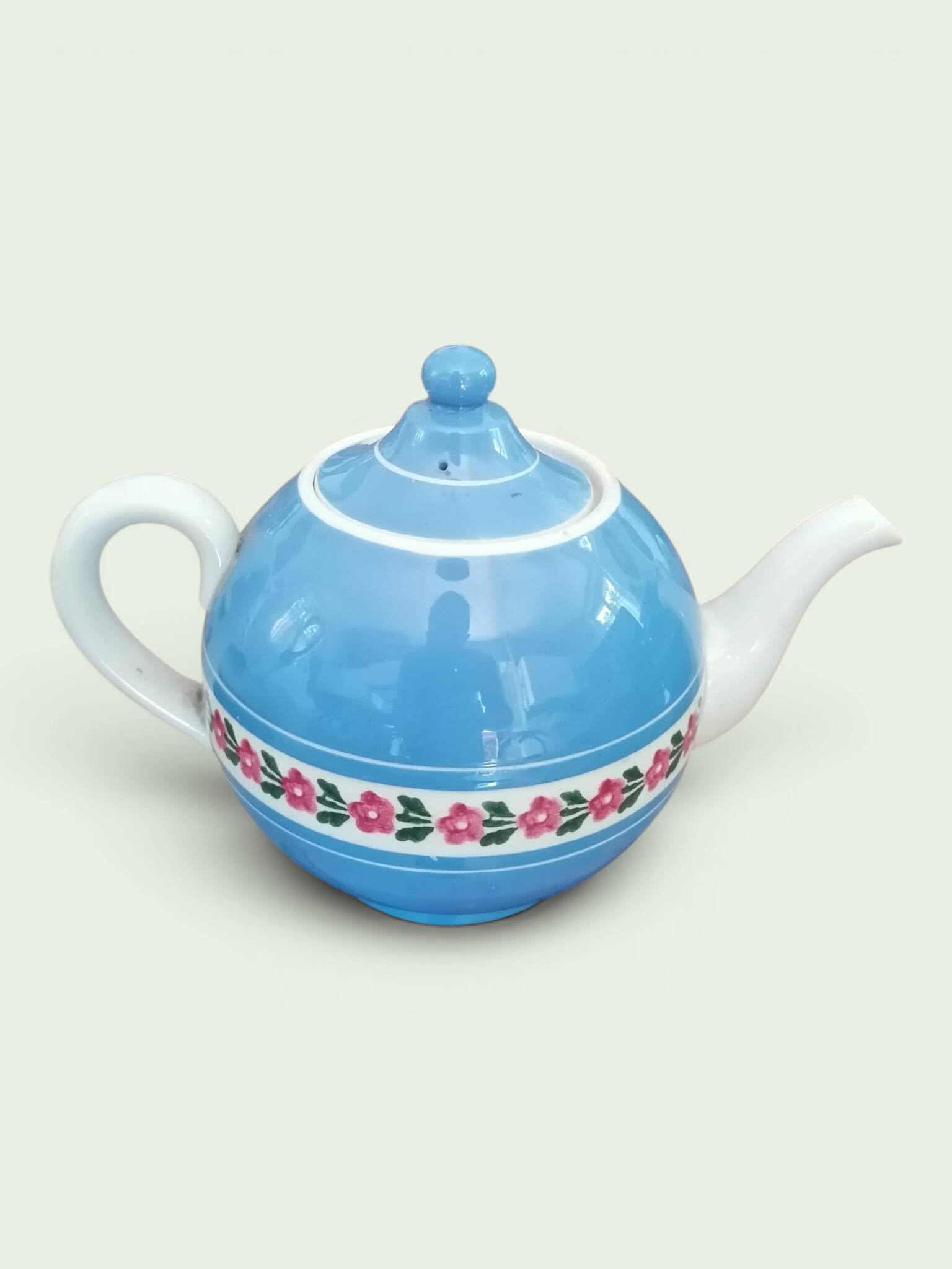 Service à thé en faience ancienne bleu et rose. Sarreguemine 1950