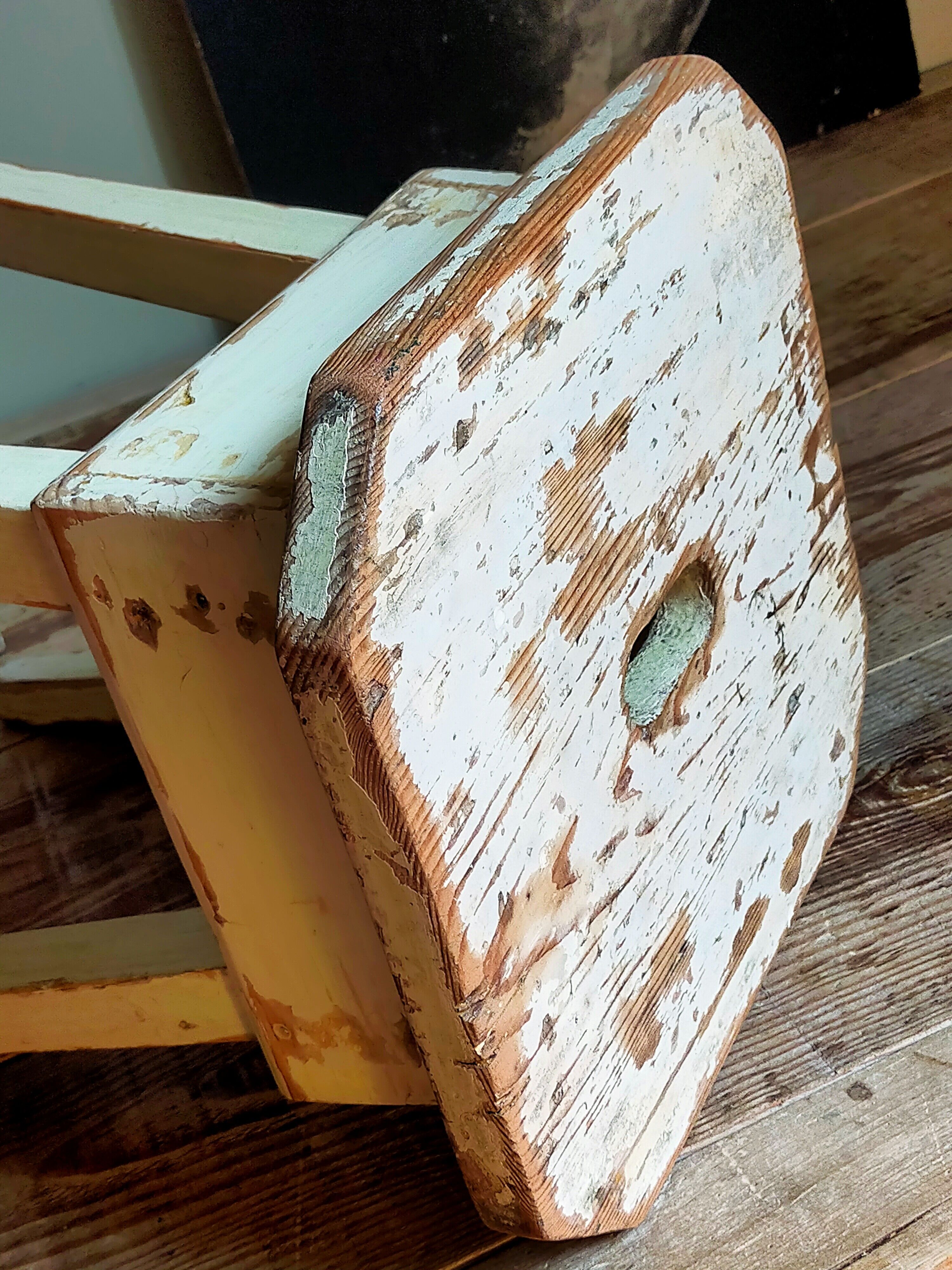 Workshop stool in antique patinated solid wood