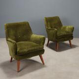 Fauteuils vintage velours vert d'origine Italie des années 1950 originaux