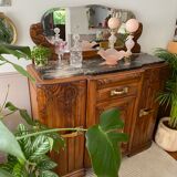Art Deco black marble sideboard and vintage beveled mirror